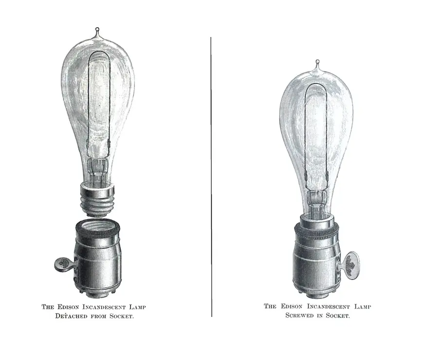 Gravură cu lampa cu incandescență a lui Edison, scoasă din soclu și înșurubată în el